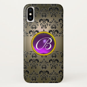 GREY BLACK DAMASK PURPLE GEM MONOGRAM Case-Mate iPhone CASE