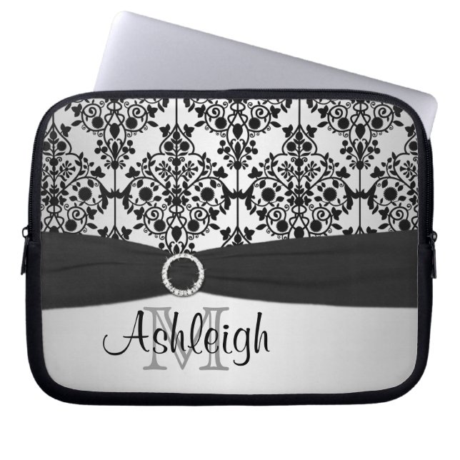 Grey Black Damask with FAUX Ribbon Laptop Sleeve (Front)