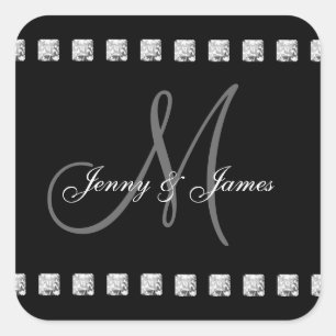 Grey Black Diamonds Monogram Names Wedding Square Sticker
