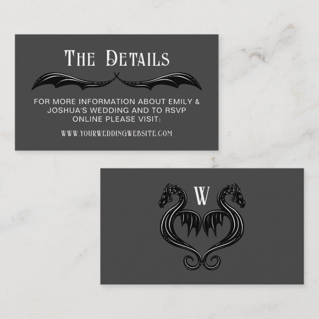 Grey Black Dragon Wings Fantasy Wedding Details Enclosure Card (Front/Back)