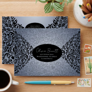 Grey Black Elegant Dark Damask Pattern Envelope