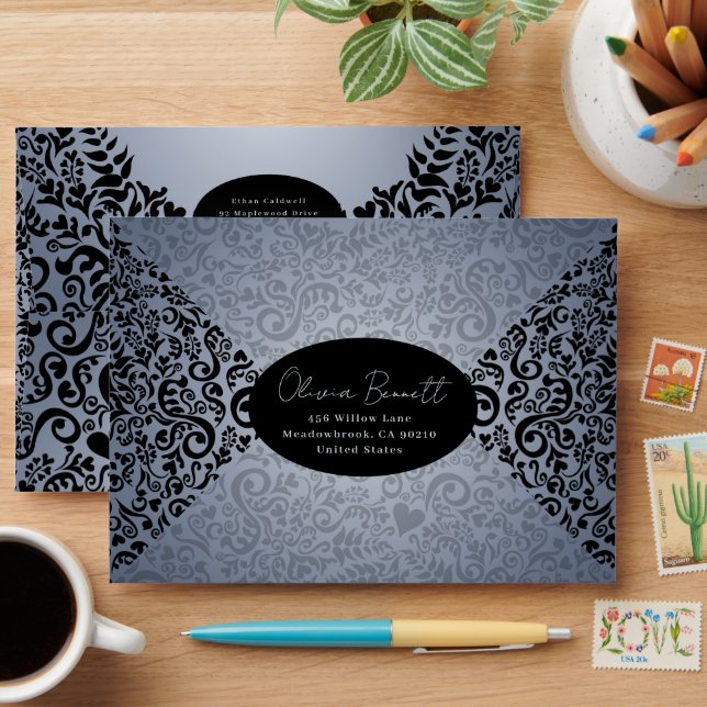 Grey Black Elegant Dark Damask Pattern Envelope (Desk)