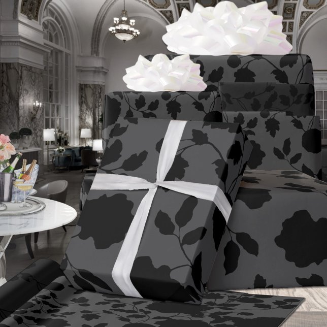 Grey & Black Floral Elegance Wedding  Wrapping Paper (Creator Uploaded)