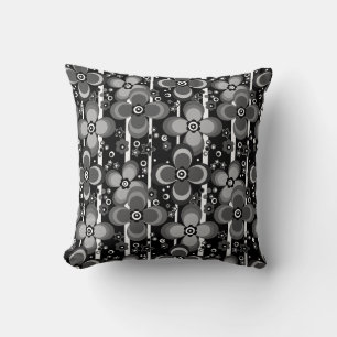 Grey Black Floral Striped Pattern Retro Throw Pillow
