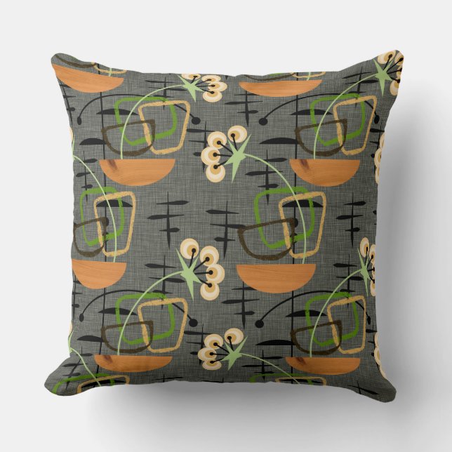Grey, Black & Gold Houseplants | Mid-Century Retro Throw Pillow (Front)