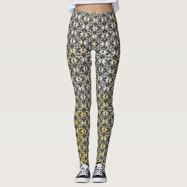 Grey, Black, & Gold Patterned Flowers Leggings (Front)