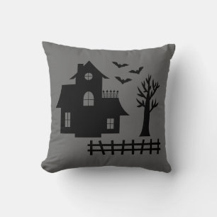 Grey Black Haunted House Creepy Halloween House Throw Pillow