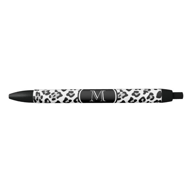 Grey Black Leopard Animal Print with Monogram Black Ink Pen (Front)