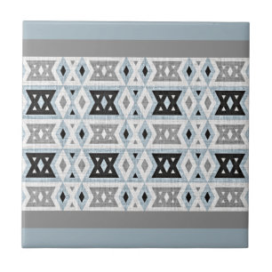 Grey Black Light Blue White Ethnic Tribe Art Tile