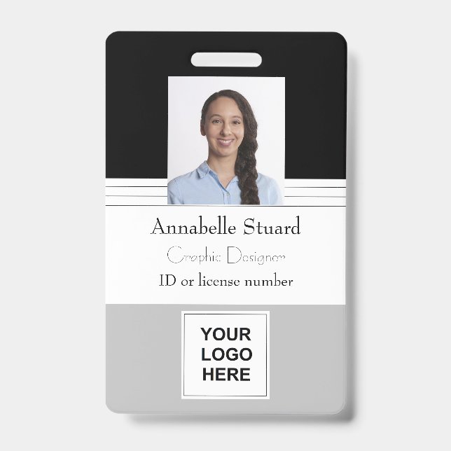 Grey Black Lined Name photo employee corporate Badge (Front)