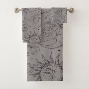 Grey Black Magic Vintage Celestial Sun Moon Stars Bath Towel Set