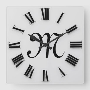 Grey Black  Monograms  Roman Numbers Square Wall Clock