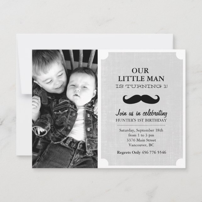 Grey & Black Moustache Photo First Birthday Invite (Front)