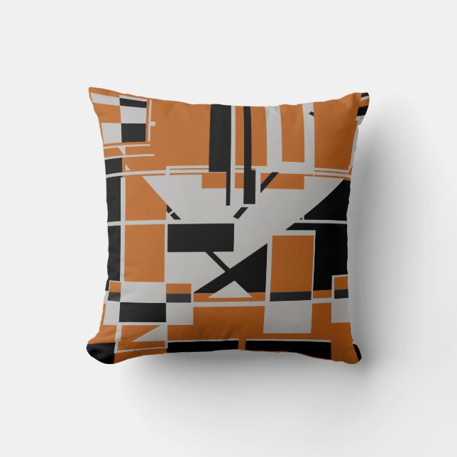 Grey Black on Orange Geometric Abstract Labyrinth Throw Pillow (Front)