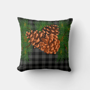 Grey black plaid pinecone detail throw pillow
