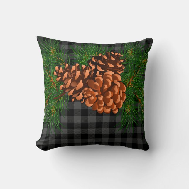 Grey black plaid pinecone detail throw pillow (Front)