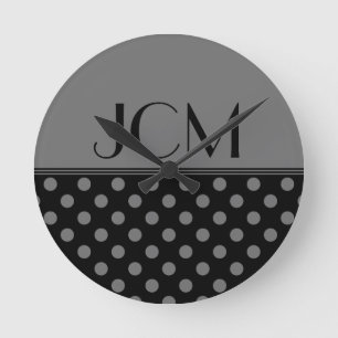 Grey/Black Polka Dot Monogram Round Clock