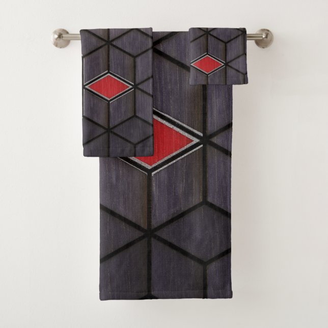 Grey Black Red Cubes Silver Bath Towel Set (Insitu)