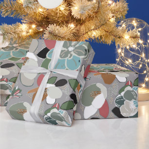 Grey Black Red Floral Winter Magnolia Wrapping Paper