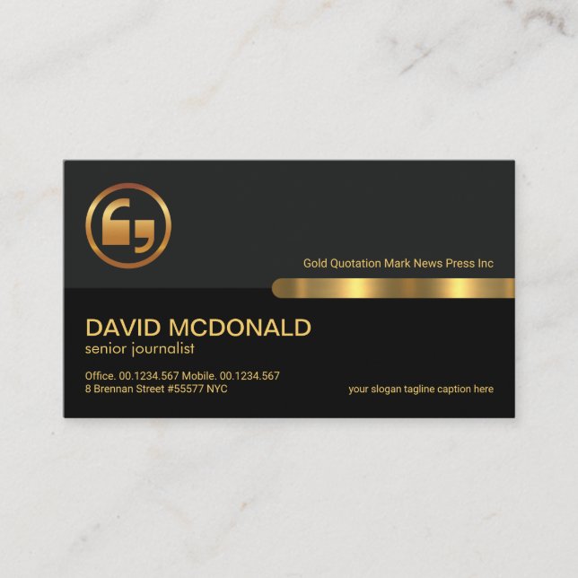 Grey Black Retro Column Quotation Marks Journalist Business Card (Front)