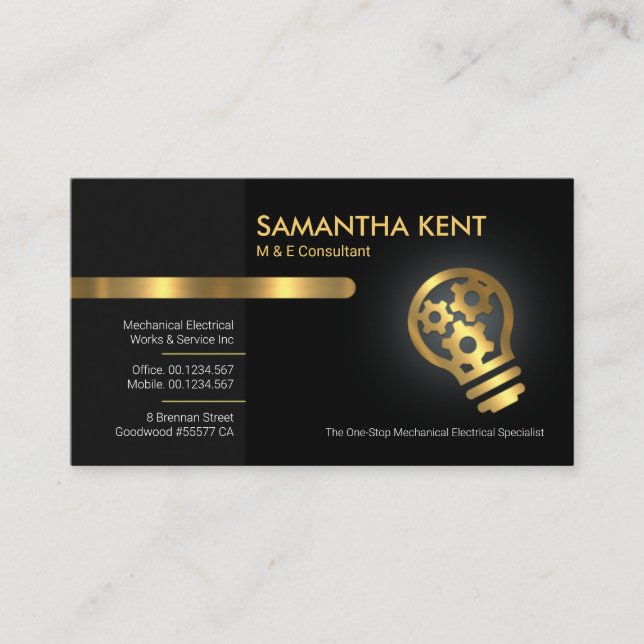 Grey Black Retro Layers Gold Sprocket Bulb Business Card (Front)