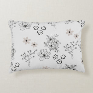 Grey Black Retro Y2K Hippie Flower Pattern Accent Pillow