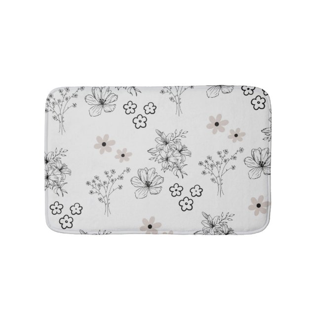 Grey Black Retro Y2K Hippie Flower Pattern Bath Mat (Front)