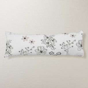 Grey Black Retro Y2K Hippie Flower Pattern Body Pillow