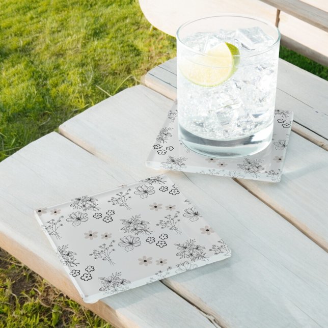 Grey Black Retro Y2K Hippie Flower Pattern Glass Coaster (Creator Uploaded)