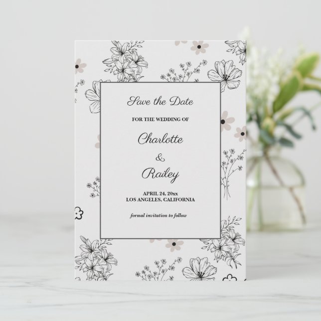 Grey Black Retro Y2K Hippie Flower Pattern  Invitation (Standing Front)