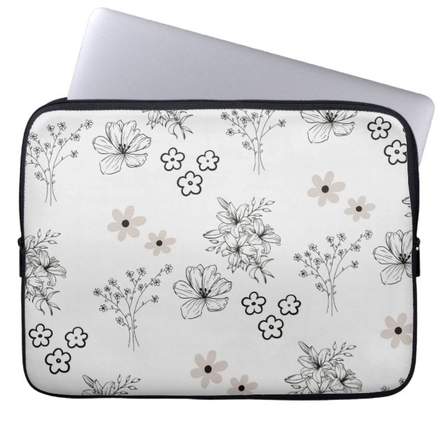 Grey Black Retro Y2K Hippie Flower Pattern Laptop Sleeve (Front)