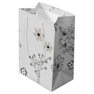 Grey Black Retro Y2K Hippie Flower Pattern Medium Gift Bag
