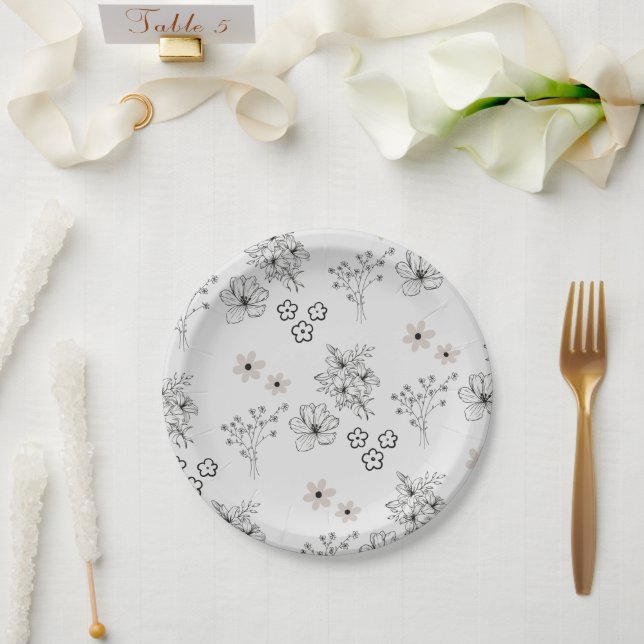 Grey Black Retro Y2K Hippie Flower Pattern Paper Plate (Wedding)