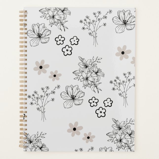Grey Black Retro Y2K Hippie Flower Pattern Planner (Front)