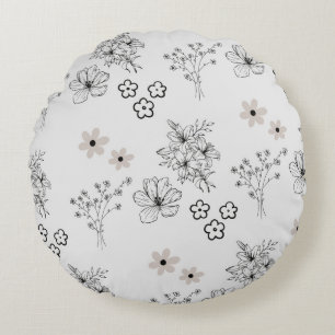 Grey Black Retro Y2K Hippie Flower Pattern Round Pillow