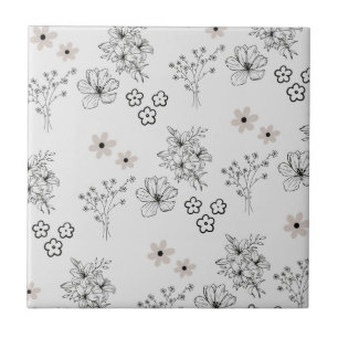 Grey Black Retro Y2K Hippie Flower Pattern Tile