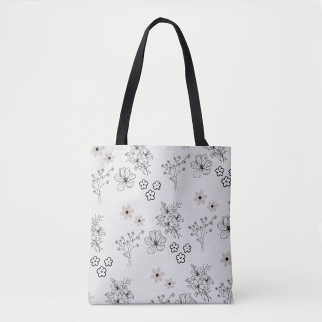 Grey Black Retro Y2K Hippie Flower Pattern Tote Bag (Front)