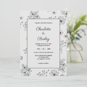 Grey Black Retro Y2K Hippie Flower Pattern Wedding Invitation