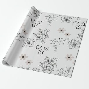 Grey Black Retro Y2K Hippie Flower Pattern Wrapping Paper