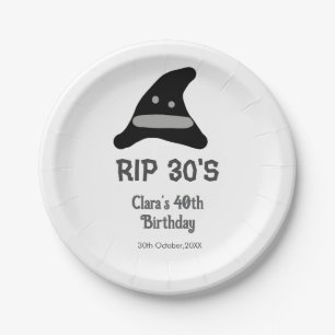 Grey black RIP 30's 40th birthday witch hat hallow Paper Plate