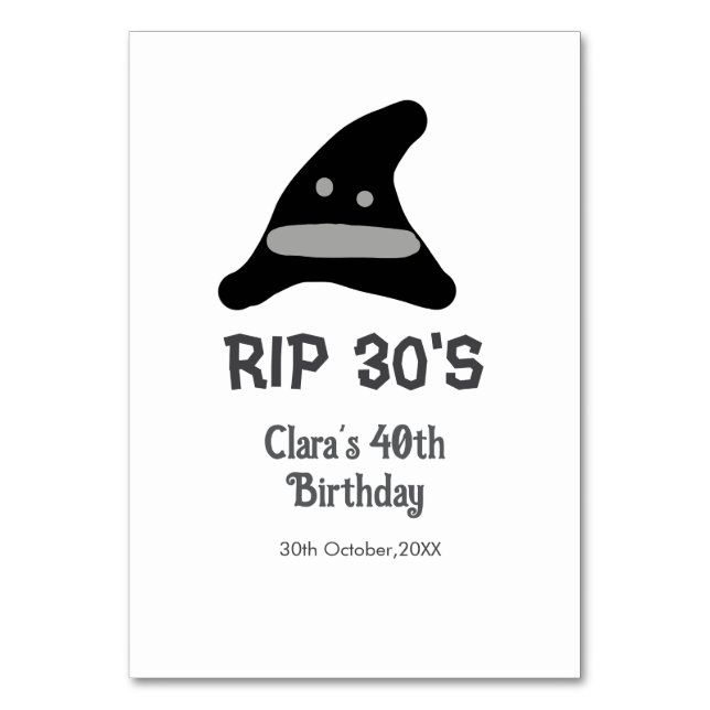 Grey black RIP 30's 40th birthday witch hat hallow Table Number (Front)