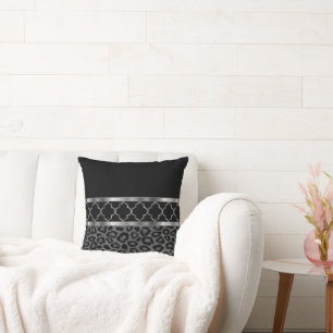 Grey, Black & Silver Quatrefoil and Leopard Throw Pillow