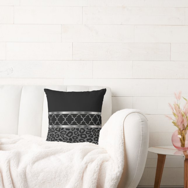 Grey, Black & Silver Quatrefoil and Leopard Throw Pillow (Couch)