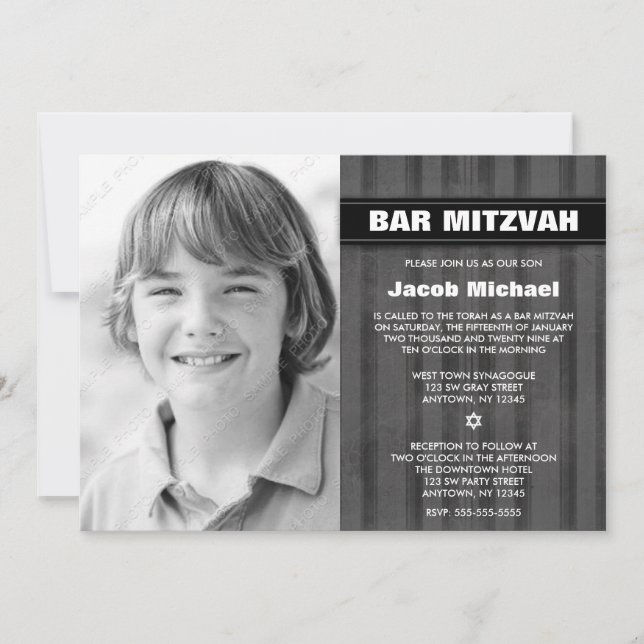 Grey Black Stripes Photo Bar Mitzvah Invitations (Front)