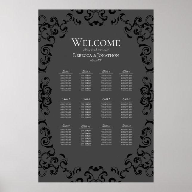 Grey & Black Swirl Gothic Wedding Poster (Front)