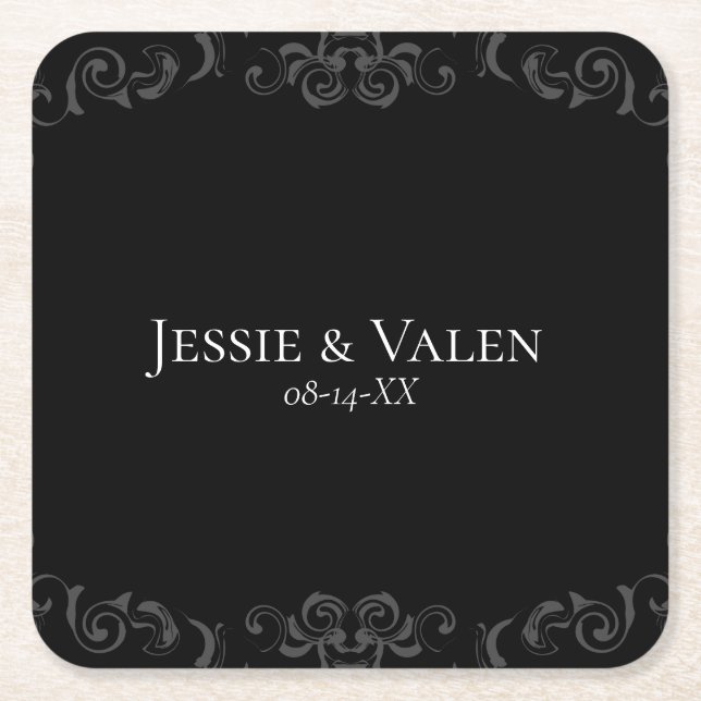 Grey & Black Swirl Gothic Wedding Square Paper Coaster (Front)