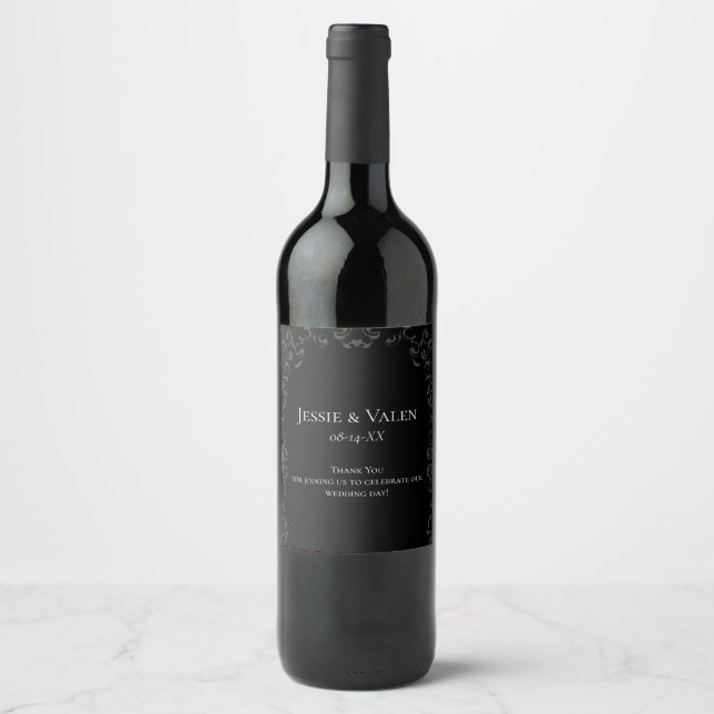 Grey & Black Swirl Gothic Wedding Wine Label (Front)