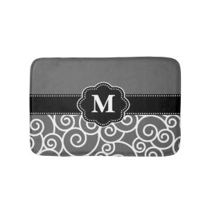 Grey Black Swirls Monogram Bathmat