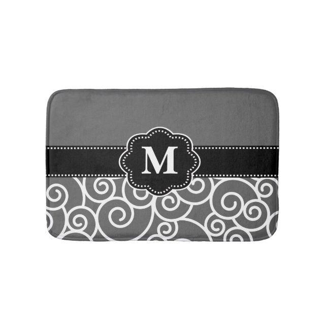 Grey Black Swirls Monogram Bathmat (Front)