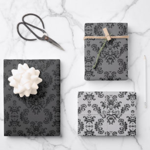 Grey Black vintage damask pattern Wrapping Paper Sheet